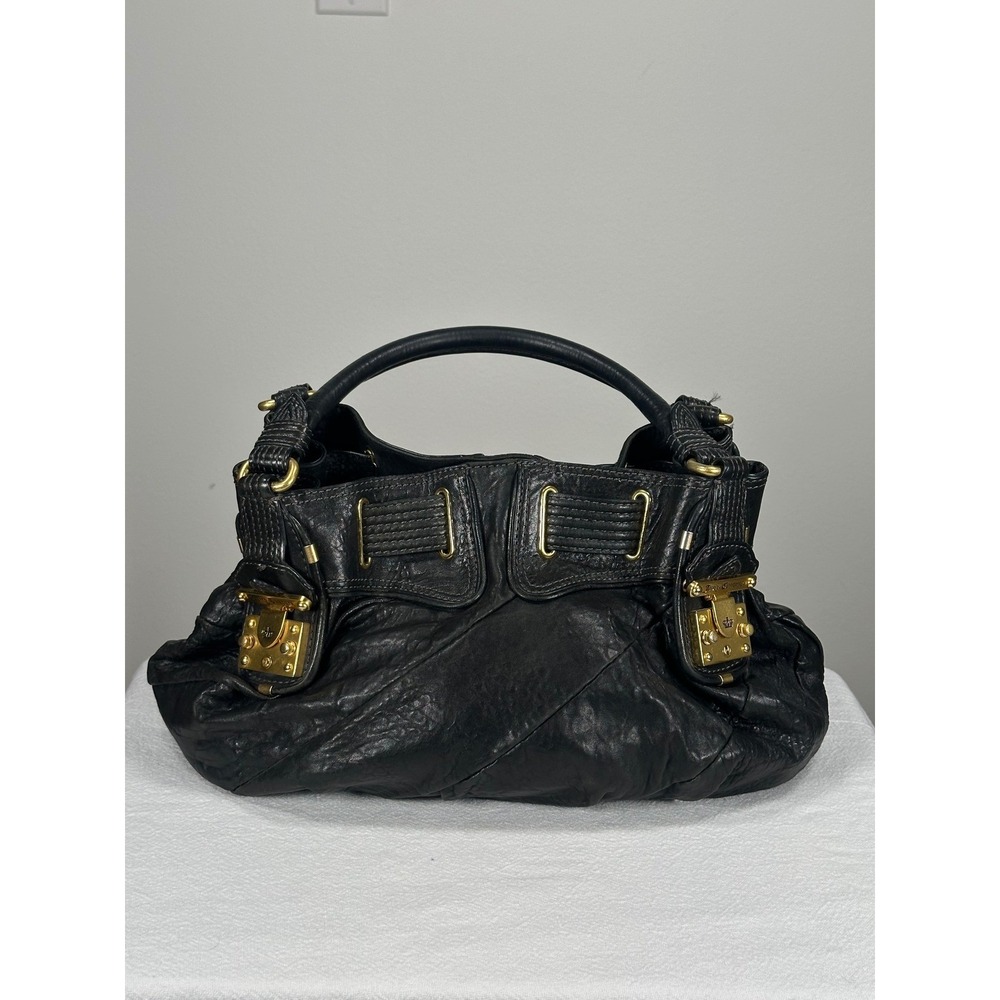 Juicy Couture Black Leather Lock Satchel Hobo Bag Gold Tone Hardware